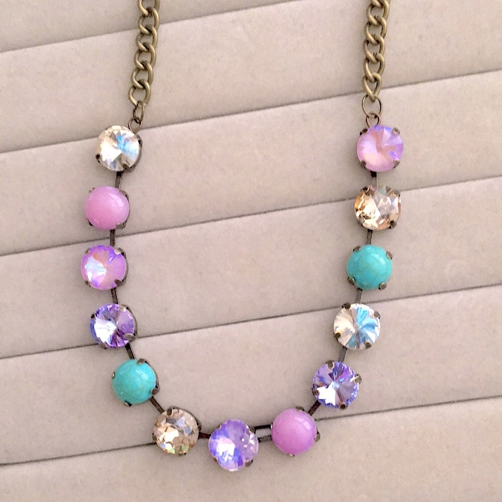 Turquoise, Lilac Purple Opal AB + Champagne Topaz Antique Brass Crystal Necklace - Picture 3 of 14